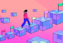 Illustration of a student climbing steps made of cubes representing small wins, representing guiding disengaged students to try again