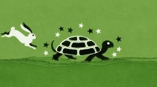An illustration depicting the tortoise and the hare fable as the tortoise is in the lead.