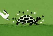 An illustration depicting the tortoise and the hare fable as the tortoise is in the lead.