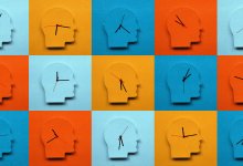 An illustration of multiple clocks that are built in the shape of a head.