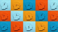 An illustration of multiple clocks that are built in the shape of a head.