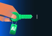 An illustration of a hand holding a key labeled "AI"