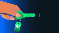 An illustration of a hand holding a key labeled "AI"