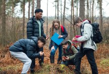 High school students and teacher during an outdoor citizen science project