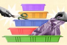 An illustration of students taking out a jacket and a pair of scissors out of five bins arranged like the Maslow Hierarchy of Needs pyramid.