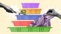 An illustration of students taking out a jacket and a pair of scissors out of five bins arranged like the Maslow Hierarchy of Needs pyramid.
