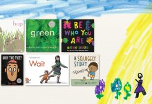 Collage of book covers with a kid's drawing