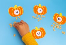Child sorting pumpkin seeds by number
