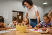 A photo of elementary students engaged in a writing activity as their teacher looks over them and examines her own instructional design.