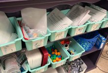 A close-up photo of Tiffany Perry's bin and shelf system for her science materials.