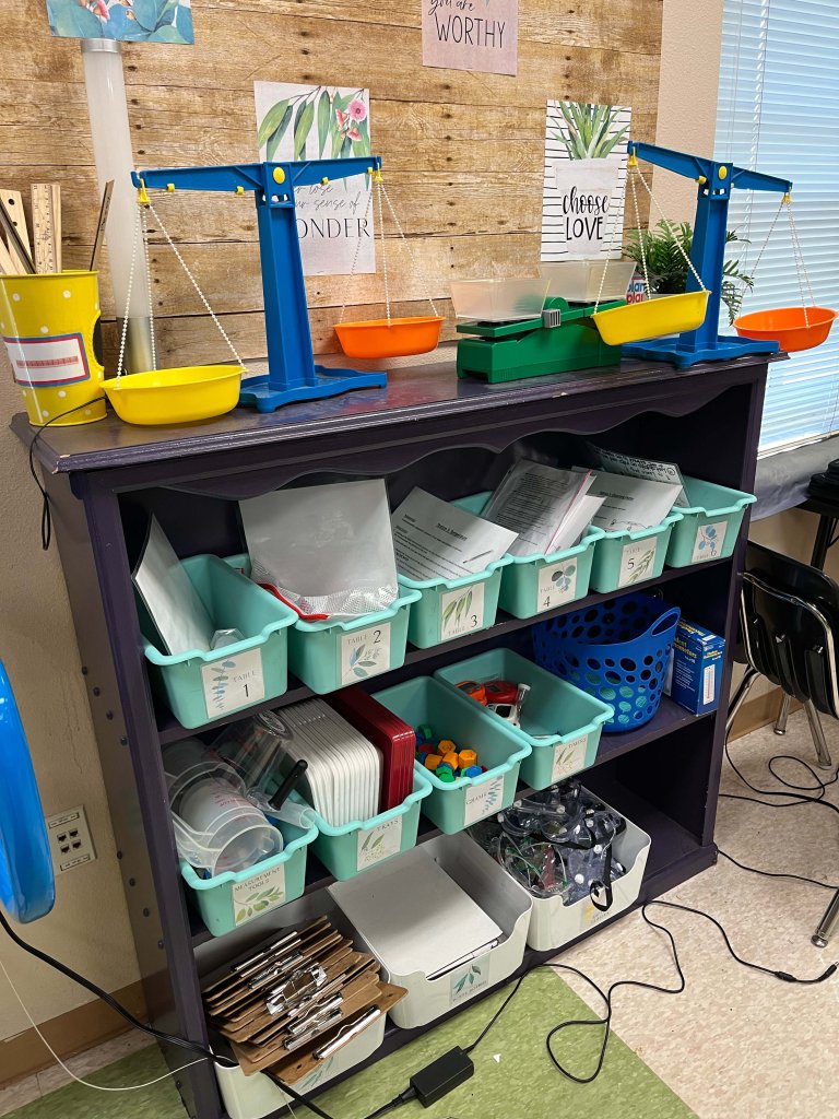 A photo of Tiffany Perry's science materials shelving system.