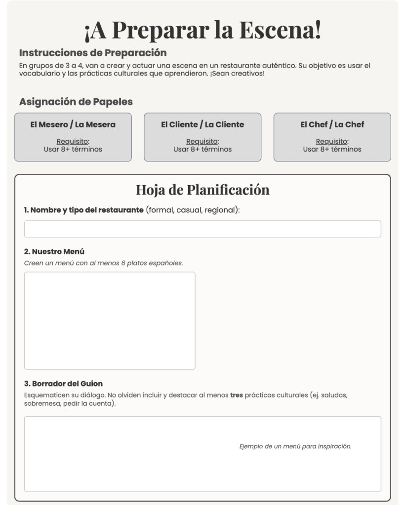 A screenshot of a worksheet generated by TeachShare and titled "A Preparar la Escena."
