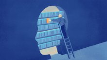 teacher putting a "lesson" book into the brain of a student