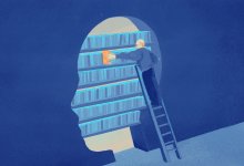 teacher putting a "lesson" book into the brain of a student