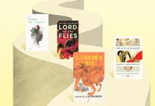 Collage of book covers following a path