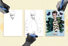 A collage displaying the three stages of the art project described by the article.