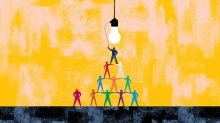 An illustration of a leader guiding a team of people stacked on top of each other to reach a lightbulb.