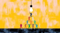 An illustration of a leader guiding a team of people stacked on top of each other to reach a lightbulb.