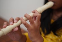 A photo of a young student playing on the recorder.