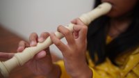 A photo of a young student playing on the recorder.