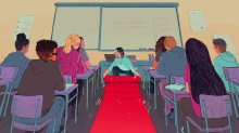 illustration of teacher rolling out red carpet for learning