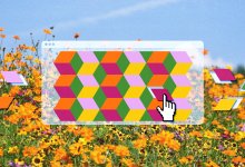 An illustration of a tessellation formed on top of a photo of flowers. The tessellation is made up of the colors in the flower photo.