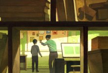 Illustration of student and teacher analyzing bulletin board of emotions with open computer in the foreground.