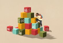 illustration of child climbing tower of blocks with digraphs on them