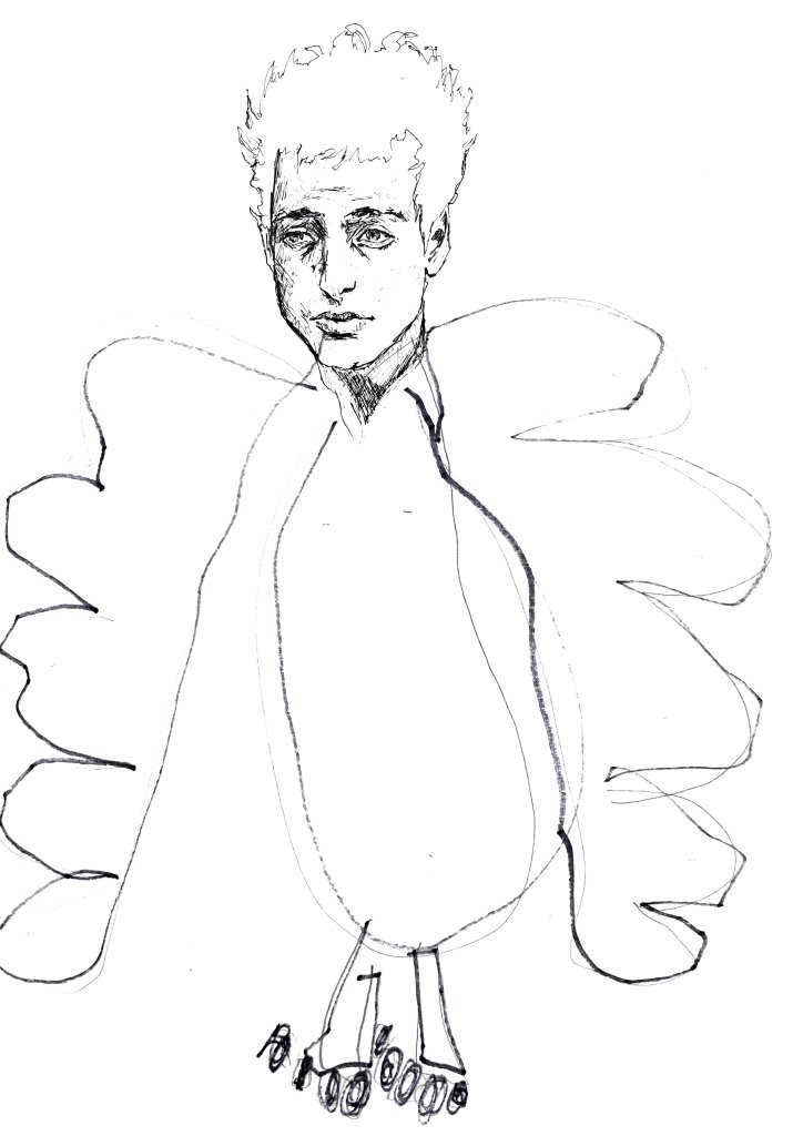 A portrait of a face drawn by a high school student, with a butterfly body drawn by a kindergarten student. The drawing is the second stage in a three-stage vertical collaboration project.