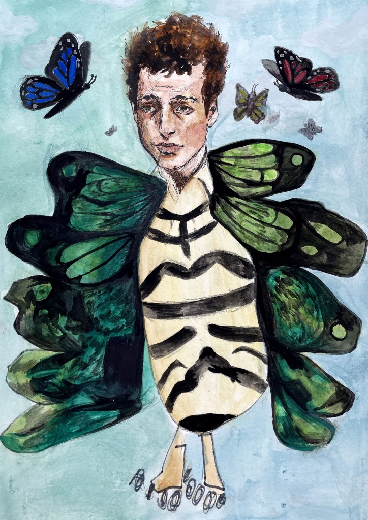 A drawing of a person with a butterfly body completed as part of a three-stage vertical collaboration project. In the first stage, a high school student drew the head. In the second stage, a kindergarten student drew the body. In the third stage, a high school student added color and other elements to complete the drawing.