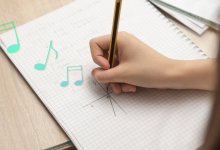 Student drawing slope graph with music notes