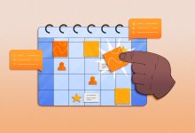 An illustration of a hand placing an event square on a calendar.