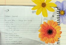 Collage of a student nature journal and flowers