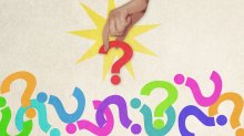 Illustration of a question mark being hand-selected from a pile of question marks