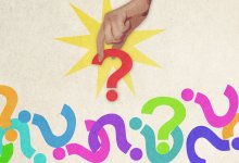 Illustration of a question mark being hand-selected from a pile of question marks