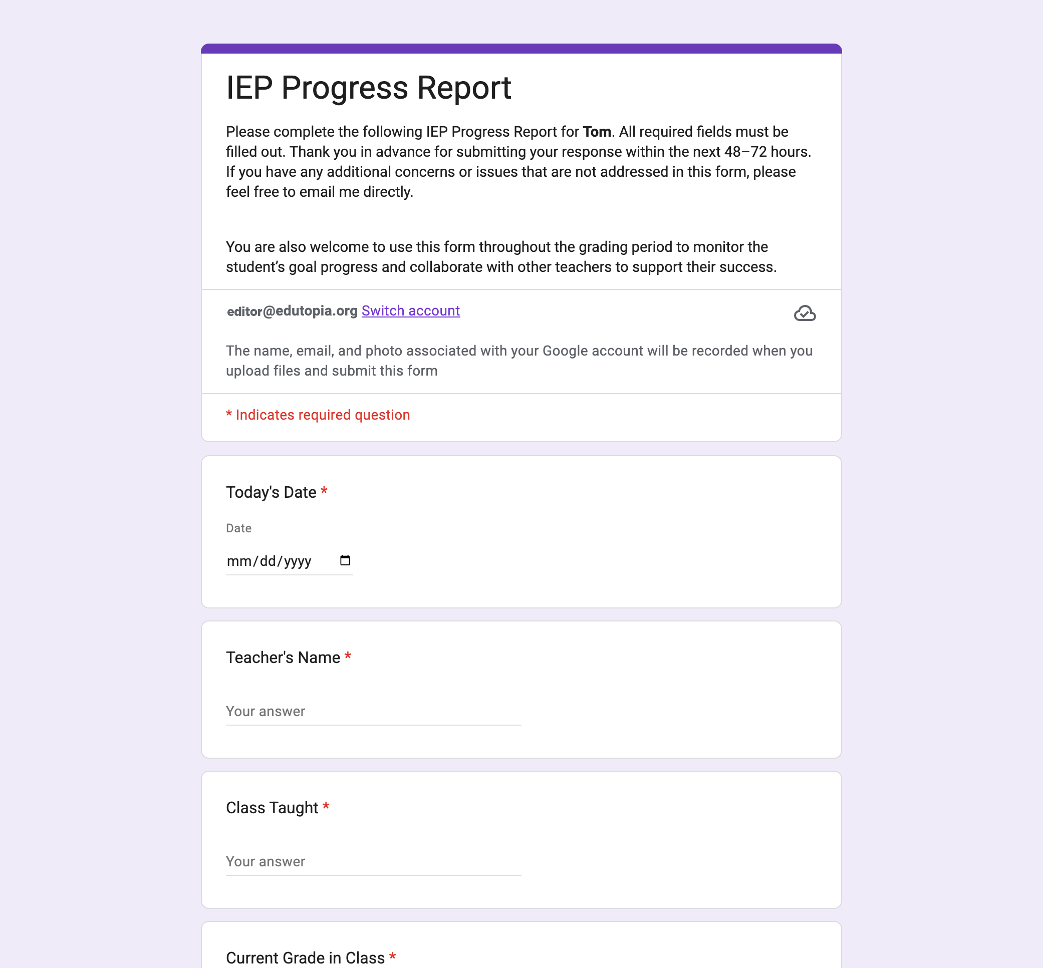 Image of a Google Form used to gather IEP data