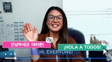 A collage showing a captioned video with translations in Spanish and Korean.