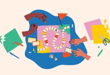An illustration of two pairs of hands constructing a board game.