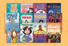 A collage of middle-grade graphic novels about mental health.