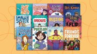 A collage of middle-grade graphic novels about mental health.