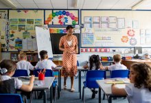 A photo of a teacher observing her elementary students as they work.