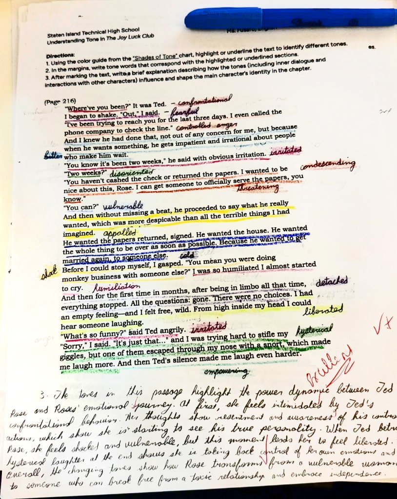 example of student work identifying tone