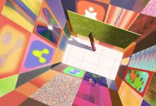 illustration of a teacher enclosed in an overwhelming wall of abstract technology