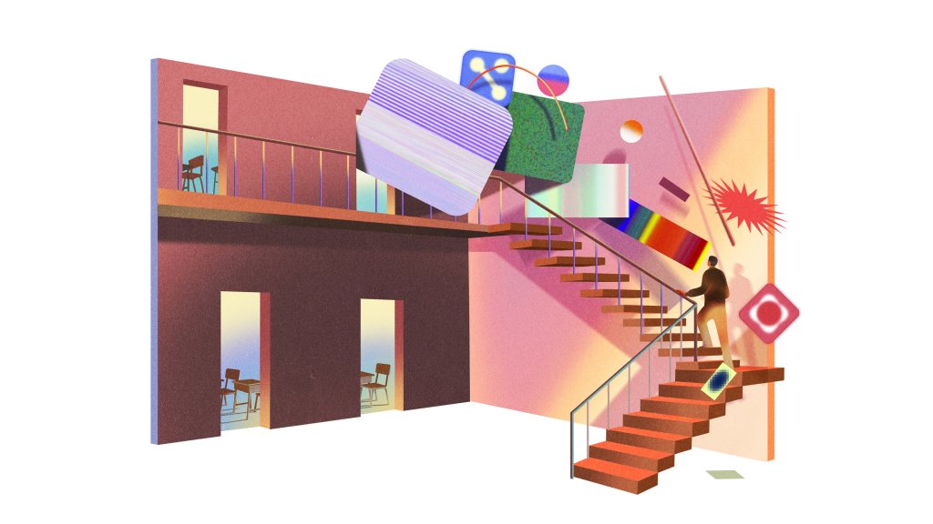 illustration of a teacher's path to the classroom being blocked by abstract technology and apps