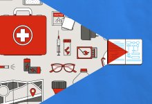 an illustration depicting an assortment of emergency objects flowing into a manual