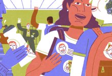 Illustration of a principal overseeing a large school and engaging with students.