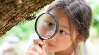 Elementary student examining an insect with a magnifying glass