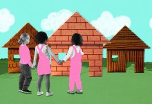 A collage showing 3 preschool students acting out the story of the Three Little Pigs.