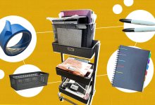 A collage showing the different materials (tape, organizers, markers) that help make the described cart.