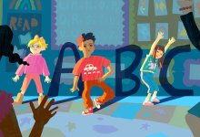 illustration depicting young students making letterforms with their bodies